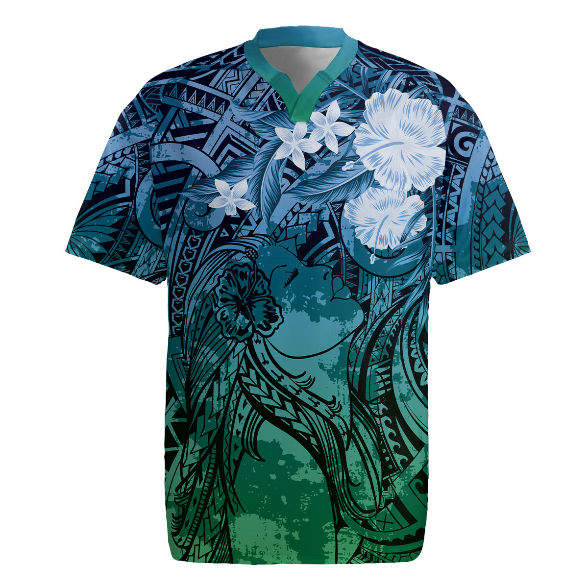 Pacific Beauty Girl Rugby Jersey Blue Polyneisan Tribal Vintage Motif