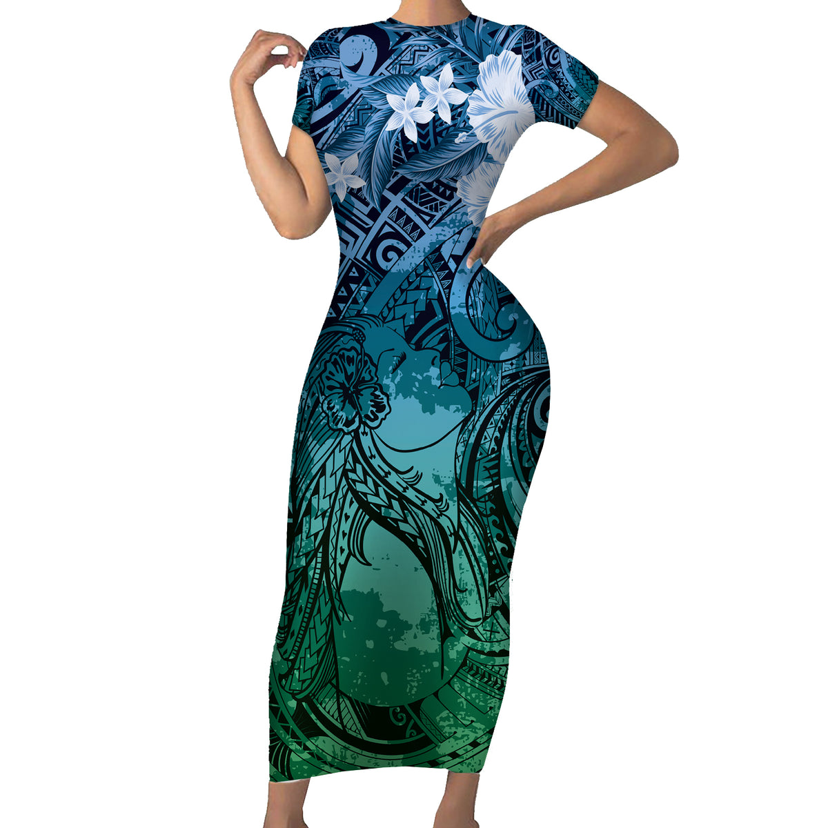 Pacific Beauty Girl Short Sleeve Bodycon Dress Blue Polyneisan Tribal Vintage Motif LT9 Long Dress Blue - Polynesian Pride