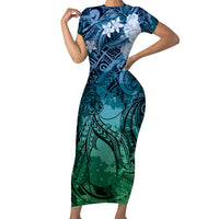 Pacific Beauty Girl Short Sleeve Bodycon Dress Blue Polyneisan Tribal Vintage Motif LT9 Long Dress Blue - Polynesian Pride