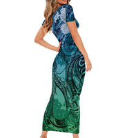 Pacific Beauty Girl Short Sleeve Bodycon Dress Blue Polyneisan Tribal Vintage Motif LT9 - Polynesian Pride