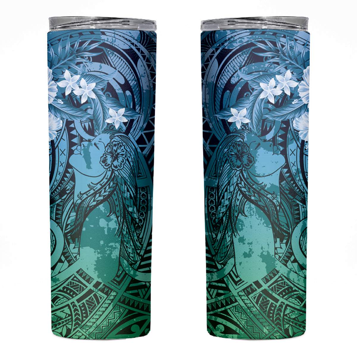 Pacific Beauty Girl Skinny Tumbler Blue Polyneisan Tribal Vintage Motif LT9 Blue - Polynesian Pride