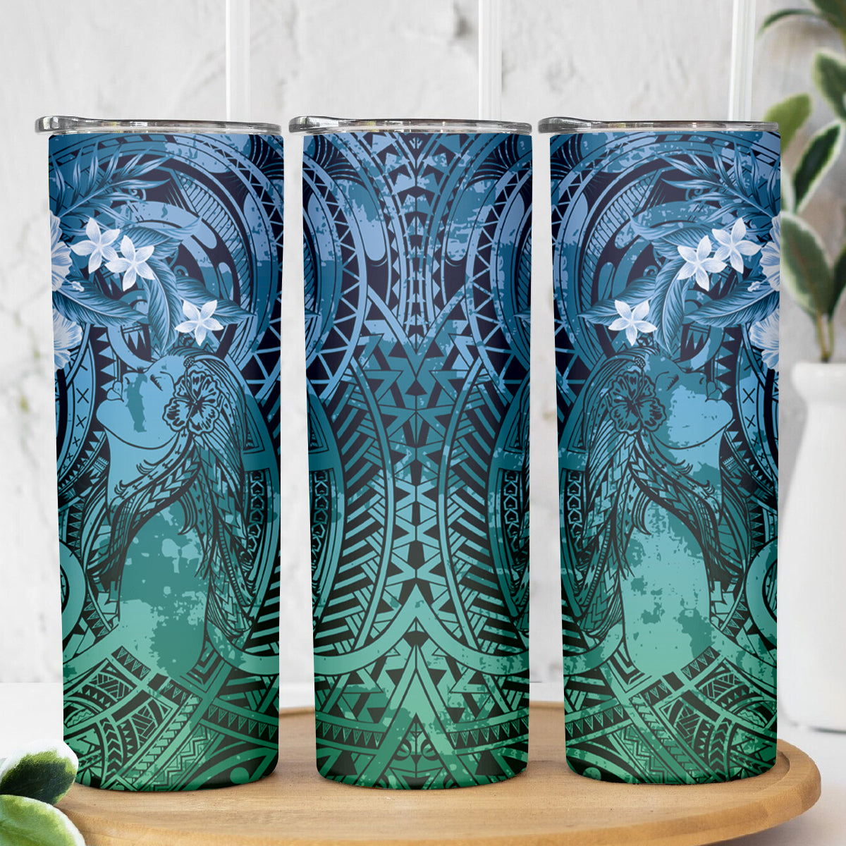 Pacific Beauty Girl Skinny Tumbler Blue Polyneisan Tribal Vintage Motif LT9 - Polynesian Pride