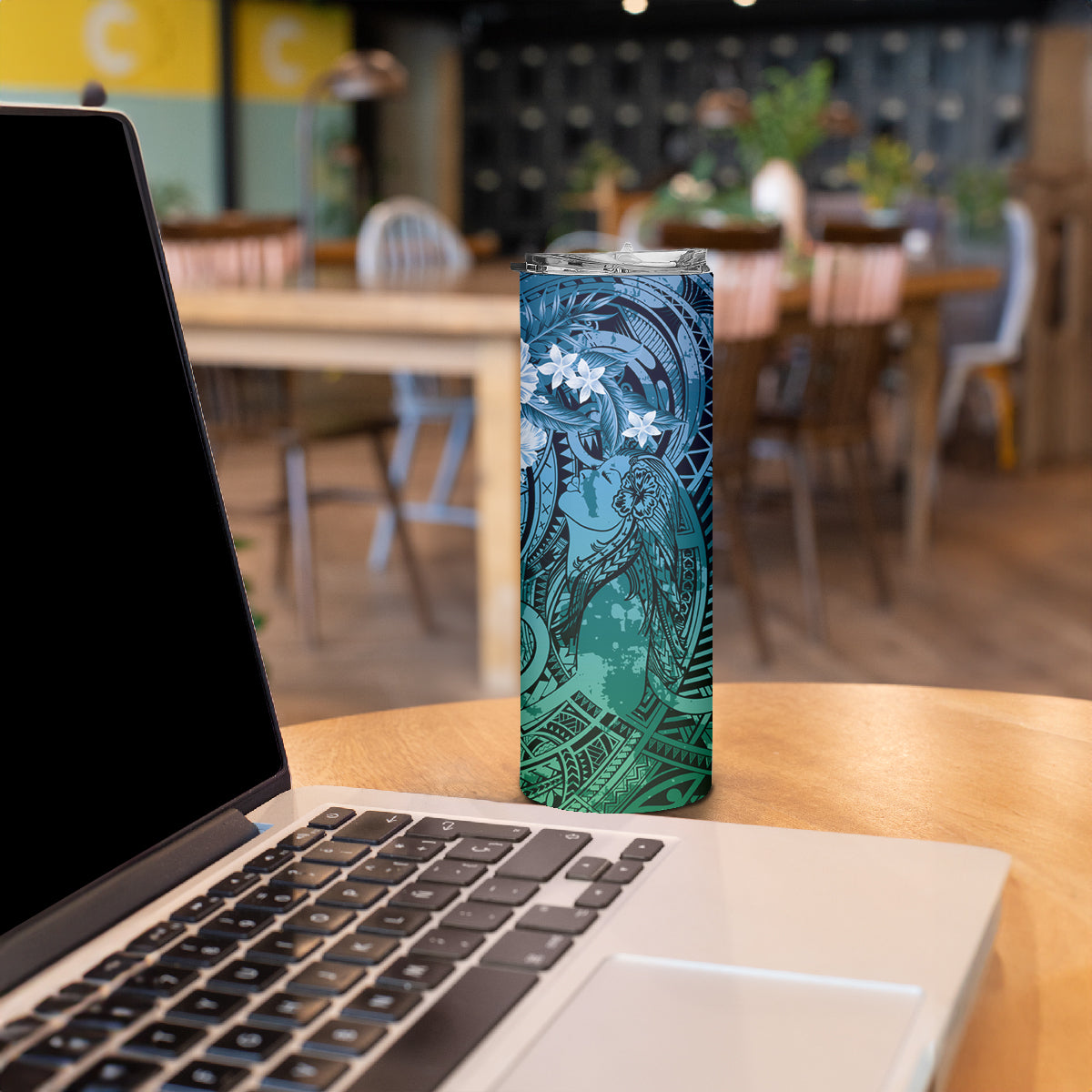 Pacific Beauty Girl Skinny Tumbler Blue Polyneisan Tribal Vintage Motif LT9 - Polynesian Pride