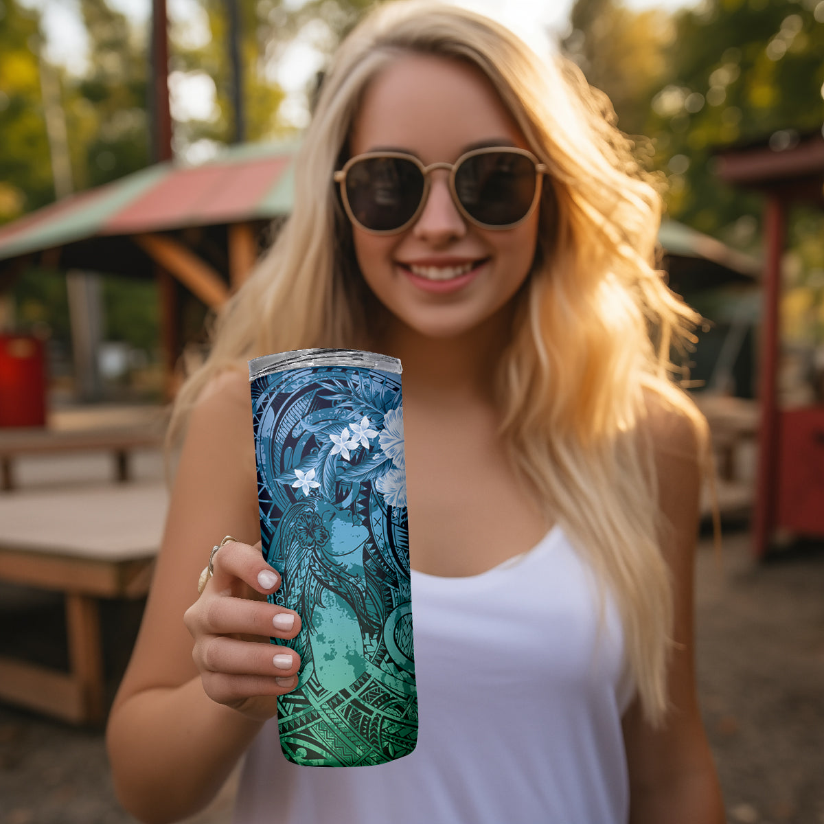 Pacific Beauty Girl Skinny Tumbler Blue Polyneisan Tribal Vintage Motif LT9 - Polynesian Pride