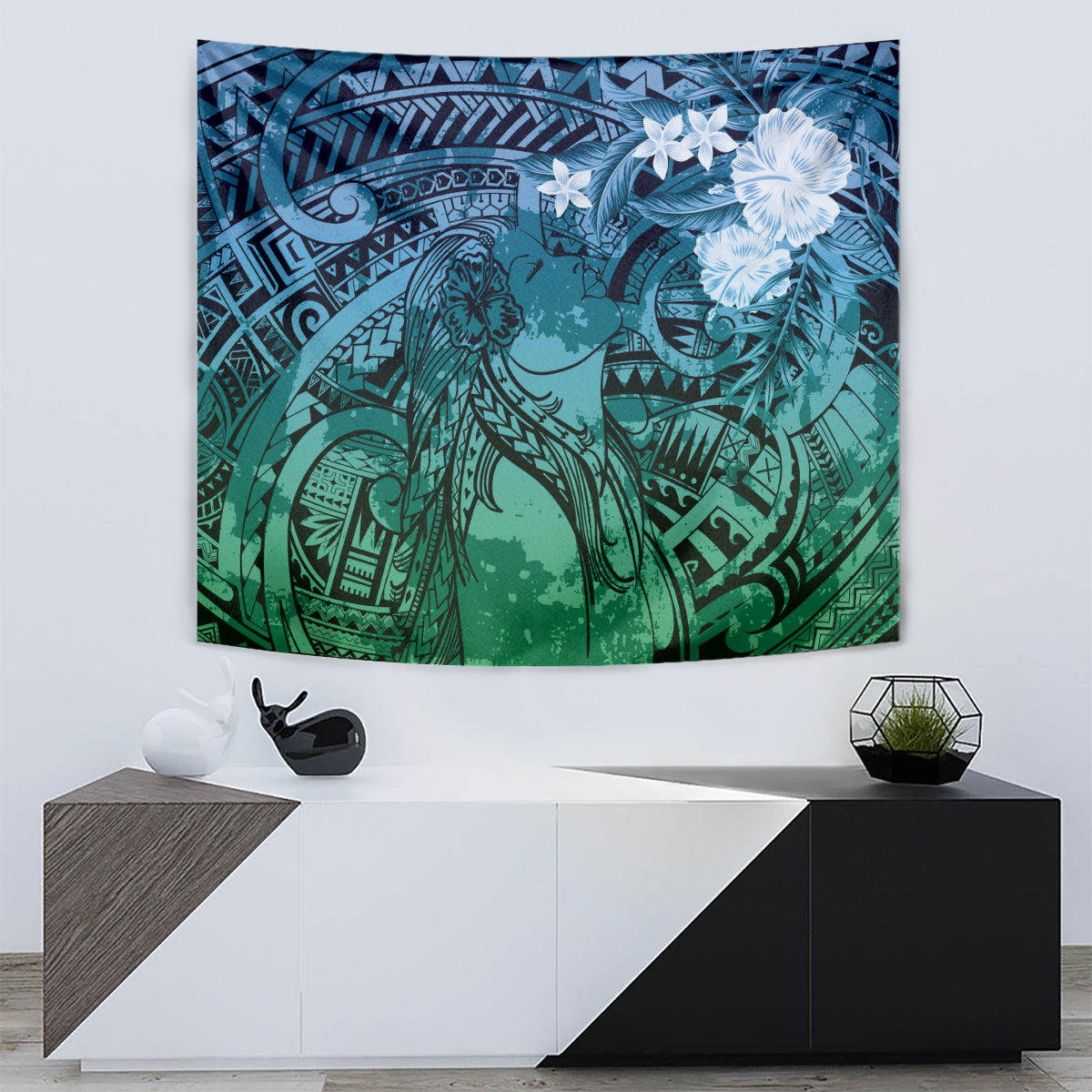 Pacific Beauty Girl Tapestry Blue Polyneisan Tribal Vintage Motif