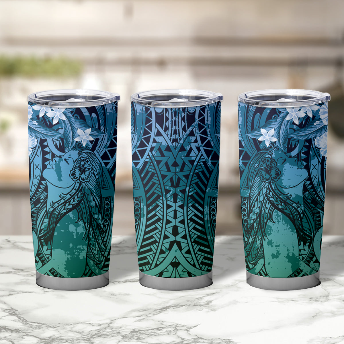 Pacific Beauty Girl Tumbler Cup Blue Polyneisan Tribal Vintage Motif LT9 - Polynesian Pride