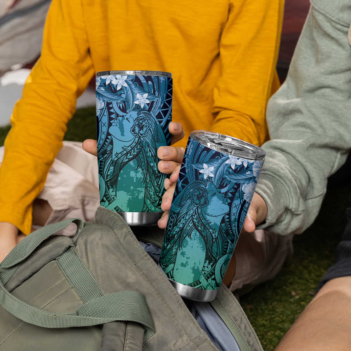 Pacific Beauty Girl Tumbler Cup Blue Polyneisan Tribal Vintage Motif LT9 - Polynesian Pride