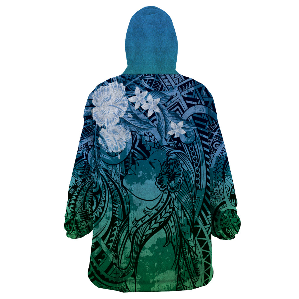 Pacific Beauty Girl Wearable Blanket Hoodie Blue Polyneisan Tribal Vintage Motif LT9 - Polynesian Pride