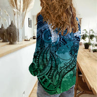 Pacific Beauty Girl Women Casual Shirt Blue Polyneisan Tribal Vintage Motif LT9 - Polynesian Pride