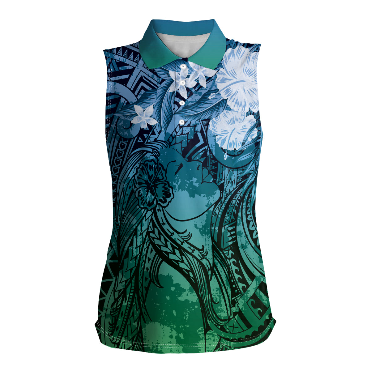 Pacific Beauty Girl Women Sleeveless Polo Shirt Blue Polyneisan Tribal Vintage Motif LT9 Female Blue - Polynesian Pride