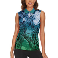 Pacific Beauty Girl Women Sleeveless Polo Shirt Blue Polyneisan Tribal Vintage Motif LT9 - Polynesian Pride