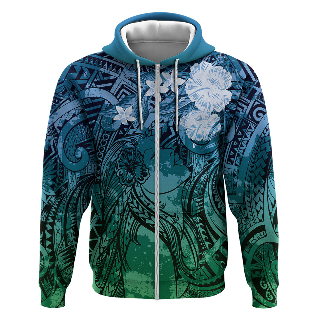 Pacific Beauty Girl Zip Hoodie Blue Polyneisan Tribal Vintage Motif LT9 Zip Hoodie Blue - Polynesian Pride