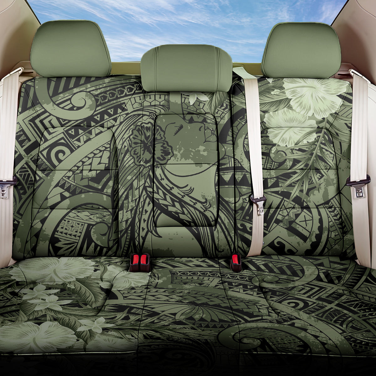 Pacific Beauty Girl Back Car Seat Cover Green Polyneisan Tribal Vintage Motif LT9 One Size Green - Polynesian Pride