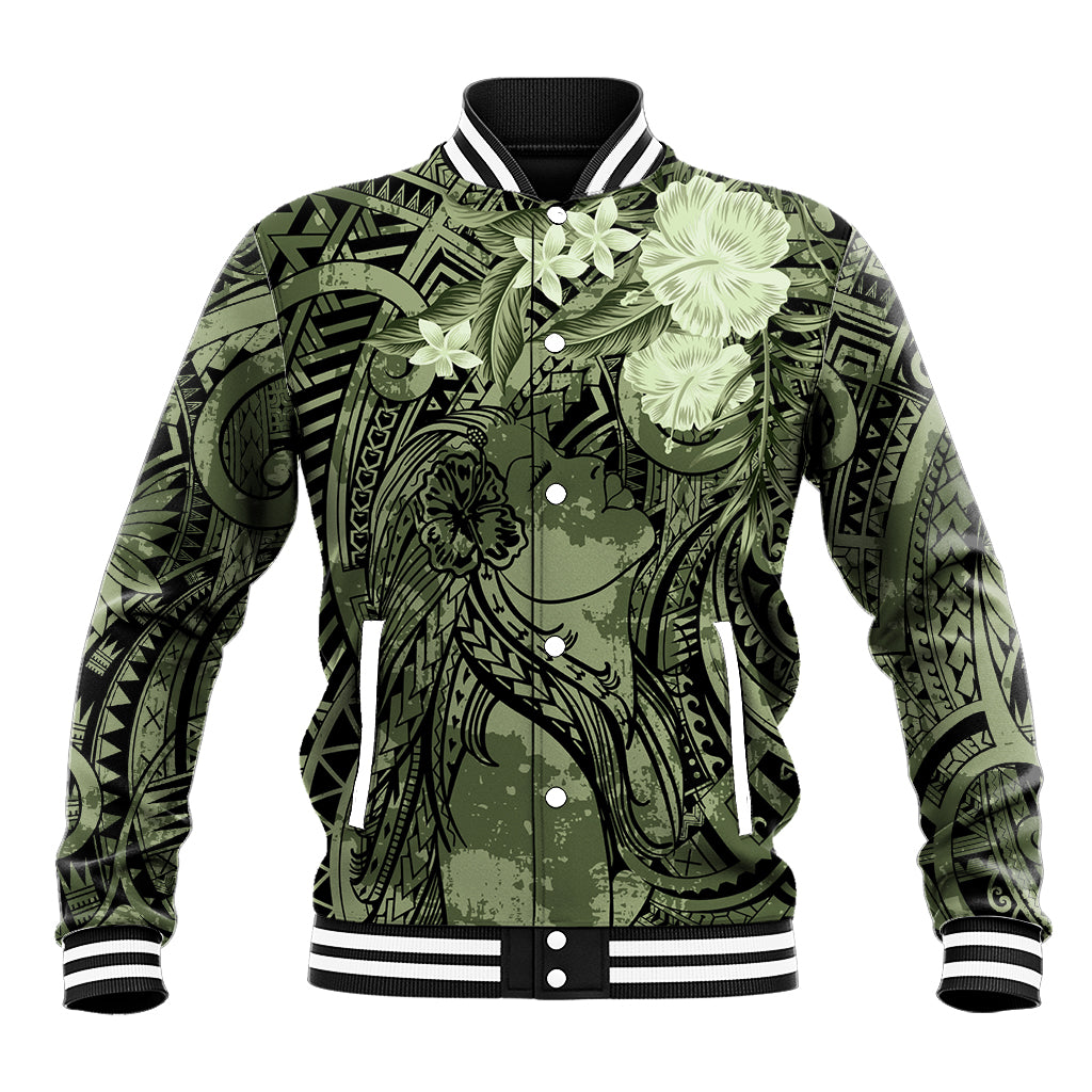 Pacific Beauty Girl Baseball Jacket Green Polyneisan Tribal Vintage Motif LT9 Unisex Green - Polynesian Pride