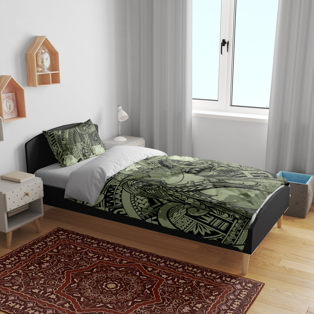 Pacific Beauty Girl Bedding Set Green Polyneisan Tribal Vintage Motif