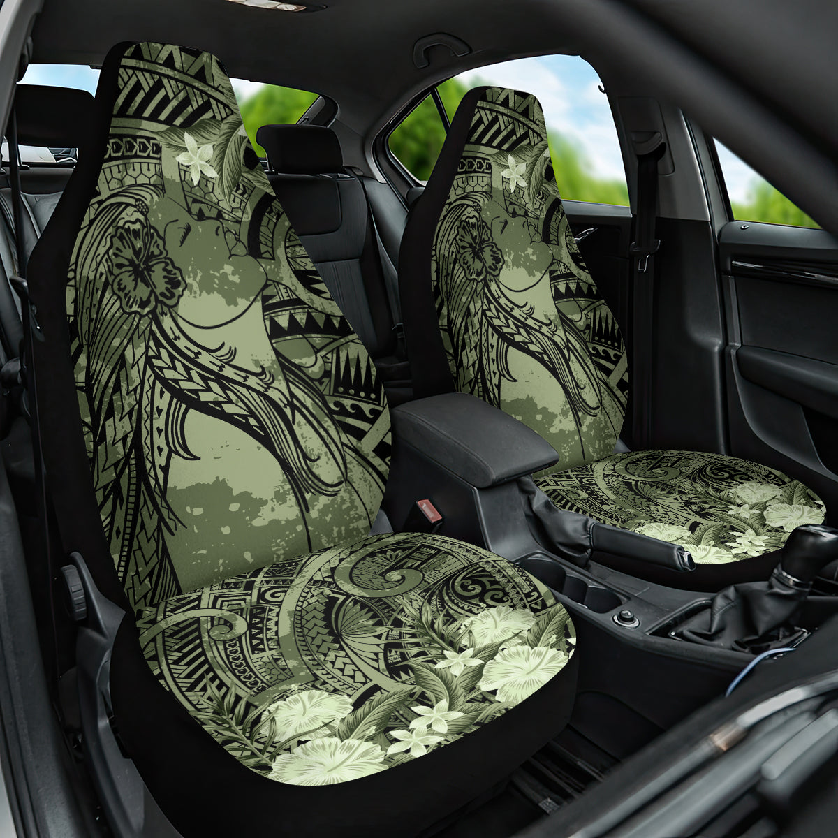 Pacific Beauty Girl Car Seat Cover Green Polyneisan Tribal Vintage Motif LT9 One Size Green - Polynesian Pride