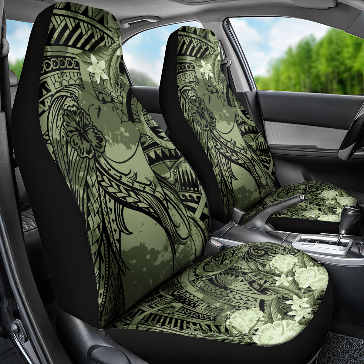 Pacific Beauty Girl Car Seat Cover Green Polyneisan Tribal Vintage Motif LT9 - Polynesian Pride