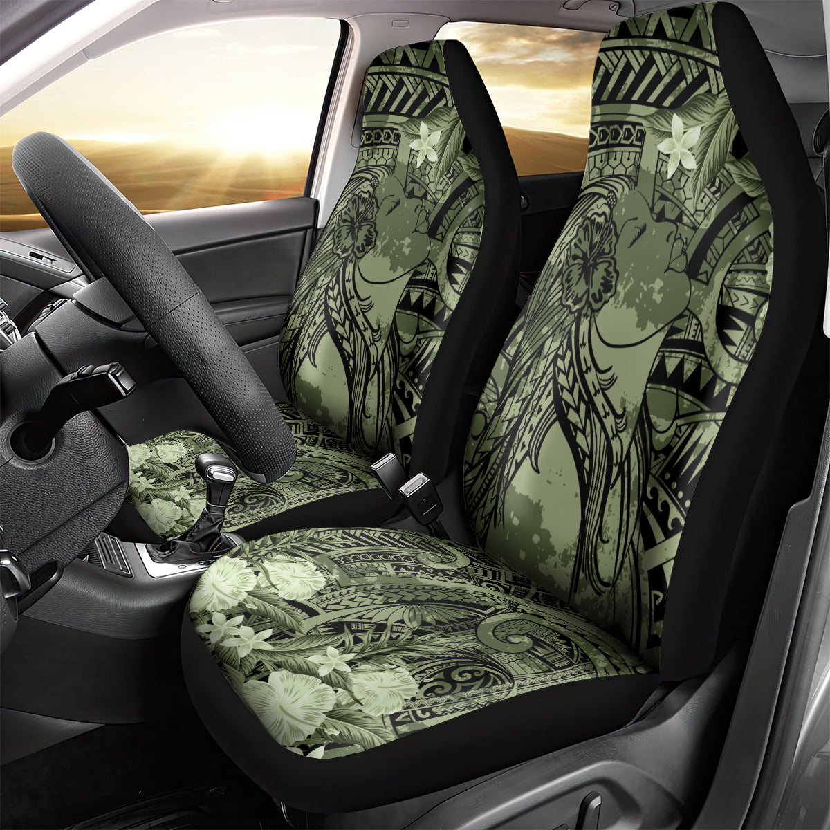 Pacific Beauty Girl Car Seat Cover Green Polyneisan Tribal Vintage Motif LT9 - Polynesian Pride