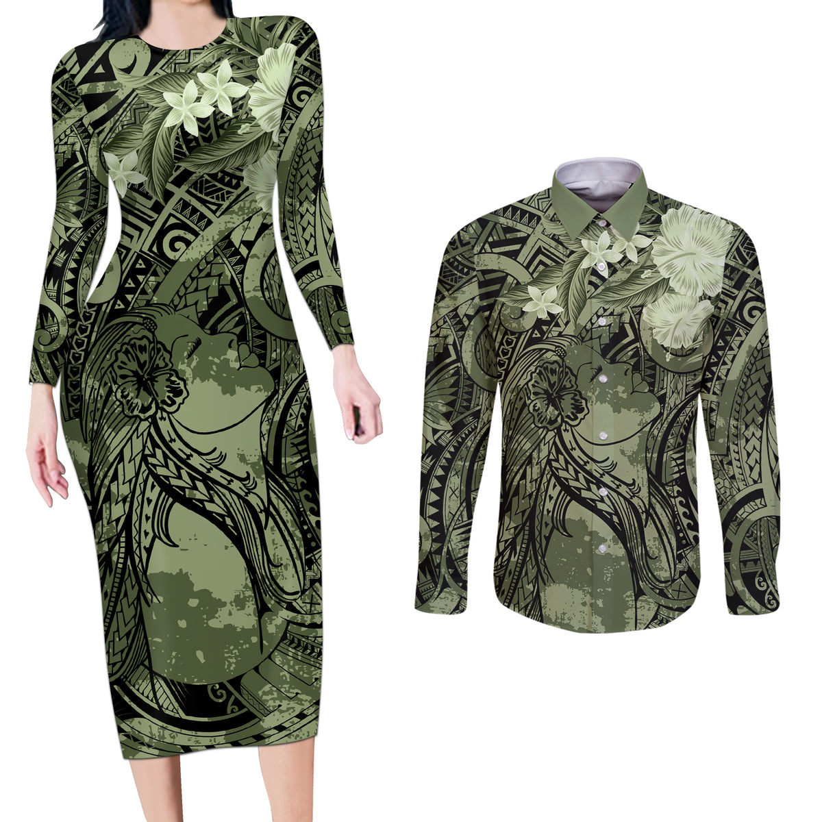 Pacific Beauty Girl Couples Matching Long Sleeve Bodycon Dress and Long Sleeve Button Shirt Green Polyneisan Tribal Vintage Motif LT9 Green - Polynesian Pride