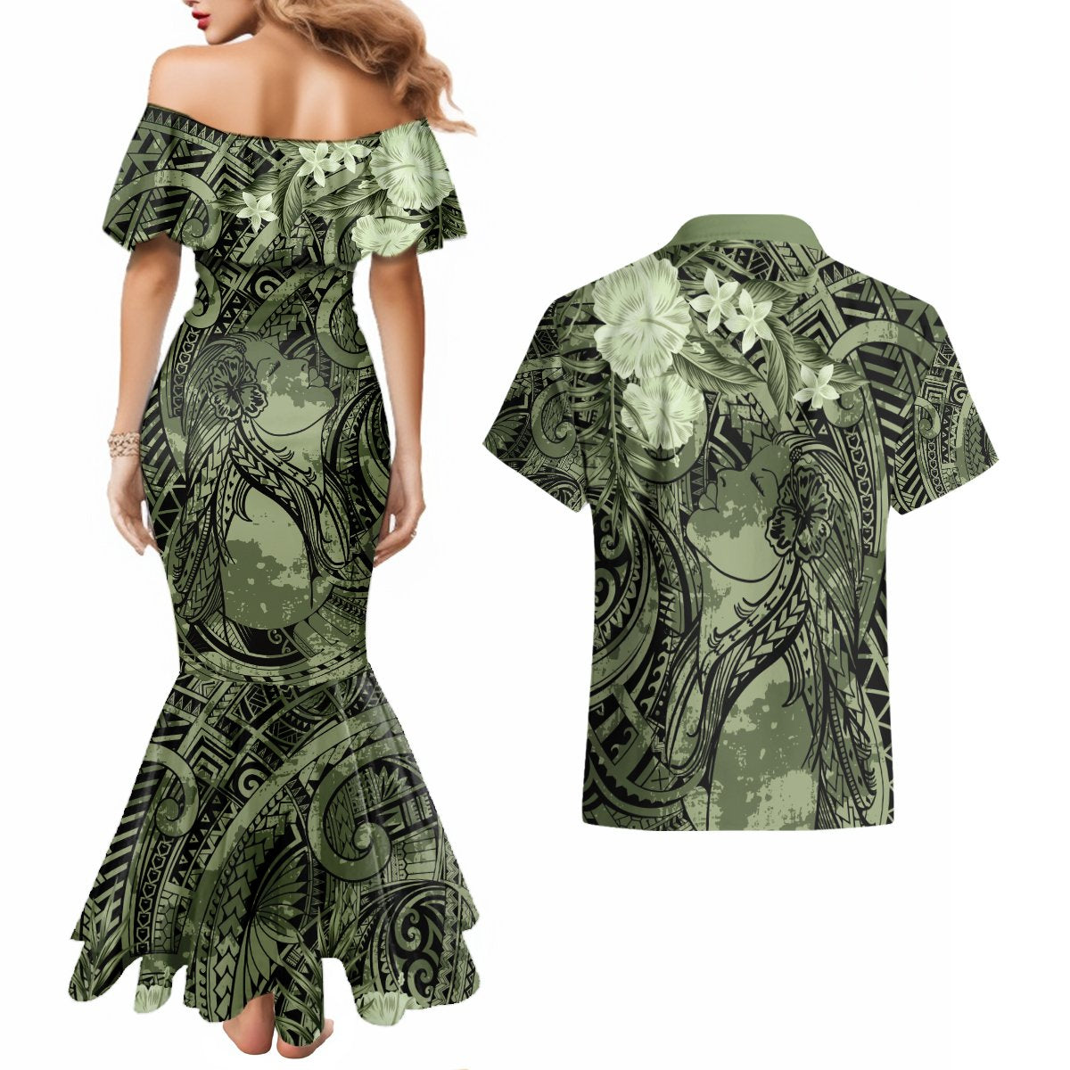 Pacific Beauty Girl Couples Matching Mermaid Dress and Hawaiian Shirt Green Polyneisan Tribal Vintage Motif LT9 - Polynesian Pride