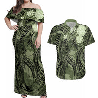 Pacific Beauty Girl Couples Matching Off Shoulder Maxi Dress and Hawaiian Shirt Green Polyneisan Tribal Vintage Motif LT9 Green - Polynesian Pride