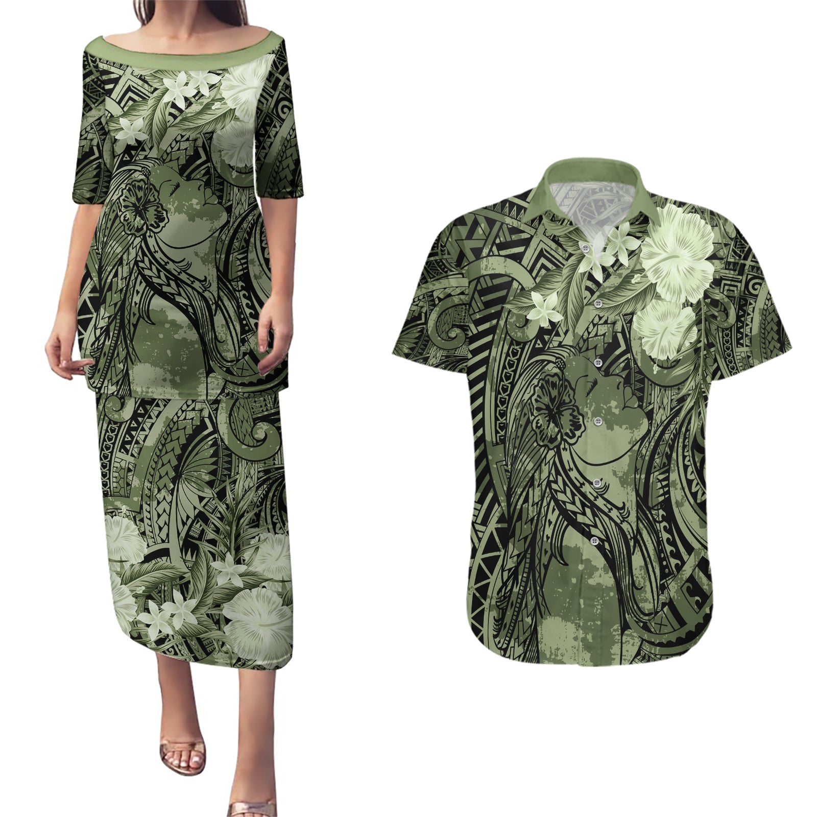 Pacific Beauty Girl Couples Matching Puletasi and Hawaiian Shirt Green Polyneisan Tribal Vintage Motif