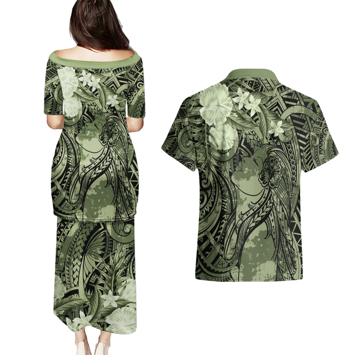 Pacific Beauty Girl Couples Matching Puletasi and Hawaiian Shirt Green Polyneisan Tribal Vintage Motif LT9 - Polynesian Pride