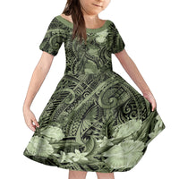 Pacific Beauty Girl Family Matching Long Sleeve Bodycon Dress and Hawaiian Shirt Green Polyneisan Tribal Vintage Motif LT9 Daughter's Dress Green - Polynesian Pride
