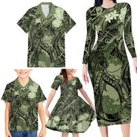 Pacific Beauty Girl Family Matching Long Sleeve Bodycon Dress and Hawaiian Shirt Green Polyneisan Tribal Vintage Motif LT9 - Polynesian Pride