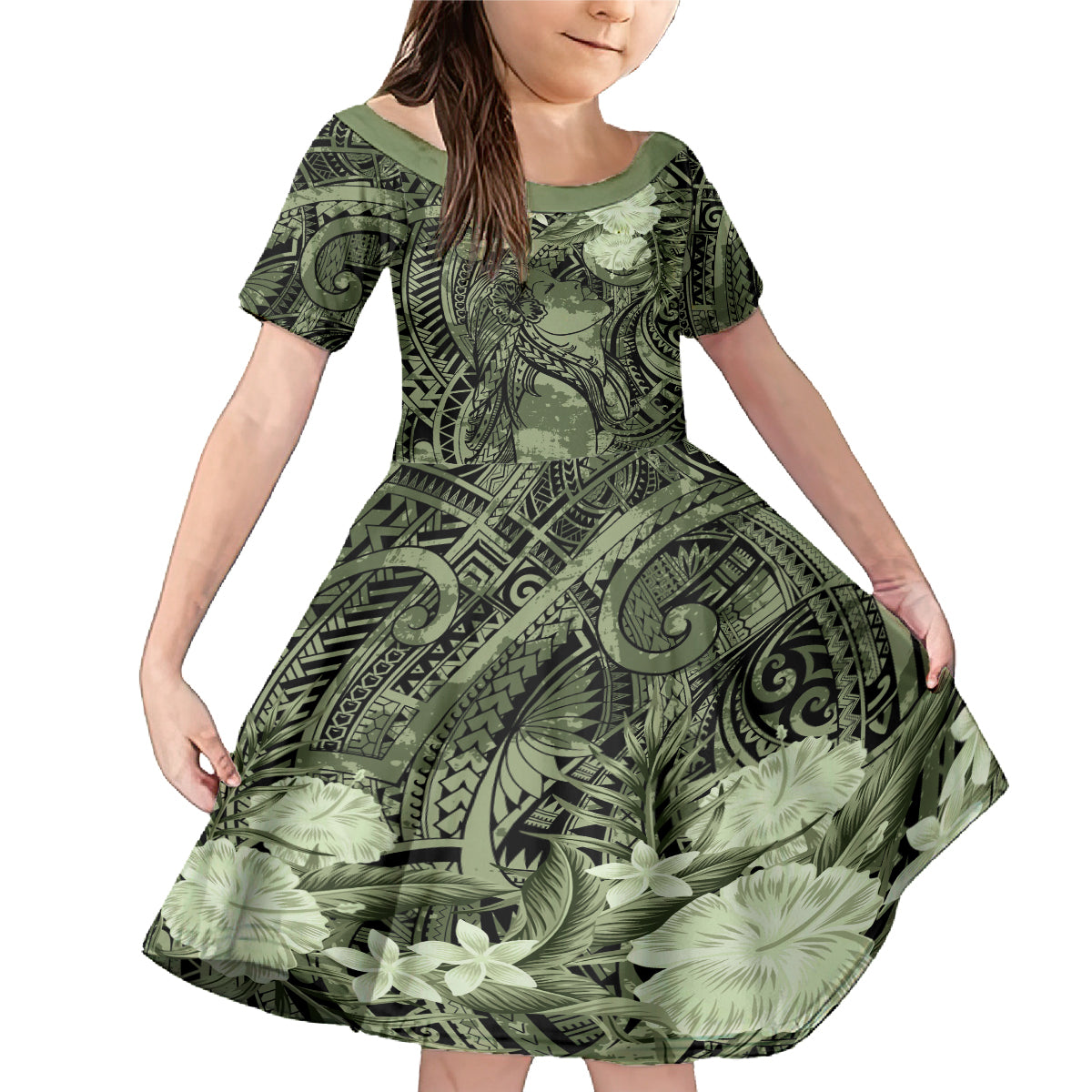 Pacific Beauty Girl Family Matching Mermaid Dress and Hawaiian Shirt Green Polyneisan Tribal Vintage Motif LT9 Daughter's Dress Green - Polynesian Pride