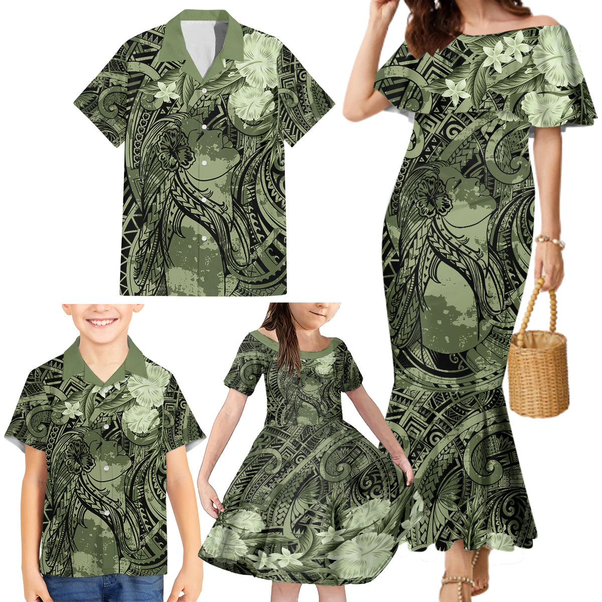 Pacific Beauty Girl Family Matching Mermaid Dress and Hawaiian Shirt Green Polyneisan Tribal Vintage Motif LT9 - Polynesian Pride