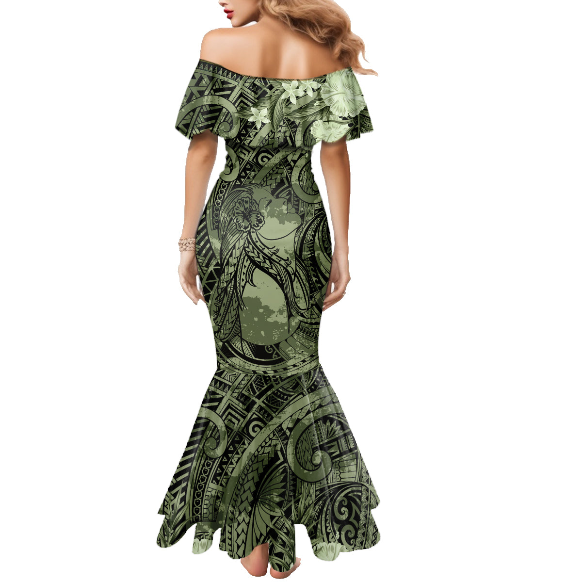 Pacific Beauty Girl Family Matching Mermaid Dress and Hawaiian Shirt Green Polyneisan Tribal Vintage Motif LT9 - Polynesian Pride