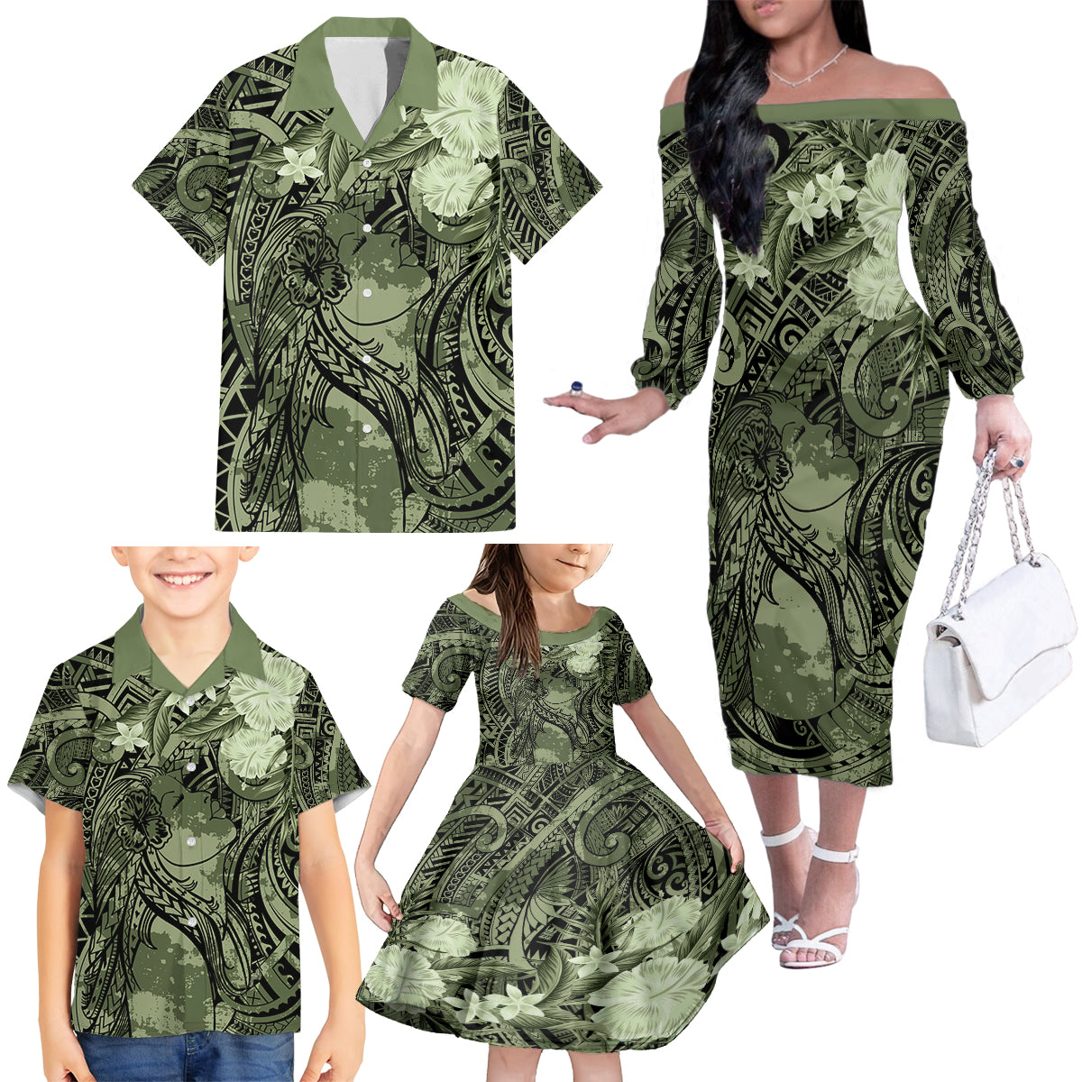 Pacific Beauty Girl Family Matching Off The Shoulder Long Sleeve Dress and Hawaiian Shirt Green Polyneisan Tribal Vintage Motif LT9 - Polynesian Pride