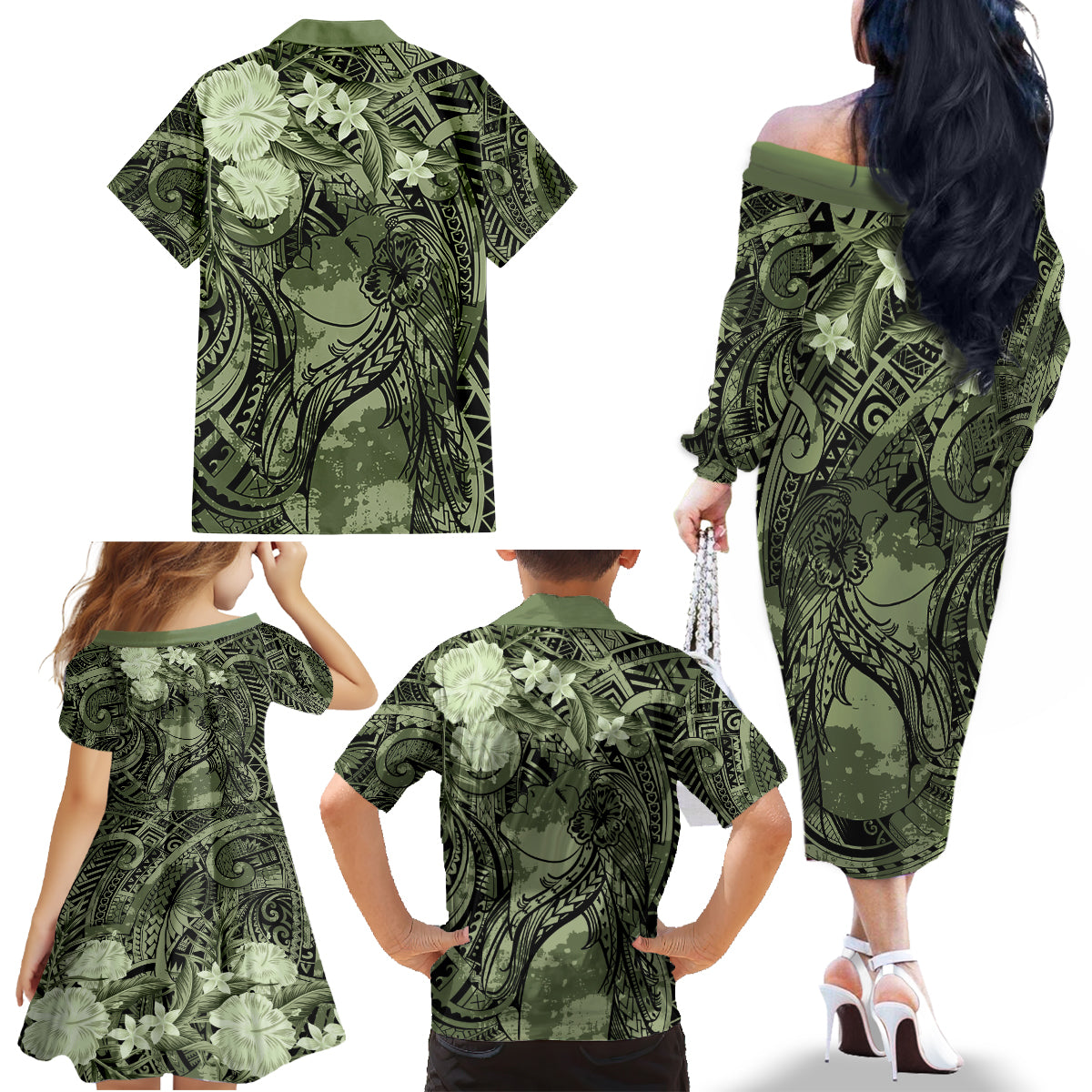Pacific Beauty Girl Family Matching Off The Shoulder Long Sleeve Dress and Hawaiian Shirt Green Polyneisan Tribal Vintage Motif LT9 - Polynesian Pride