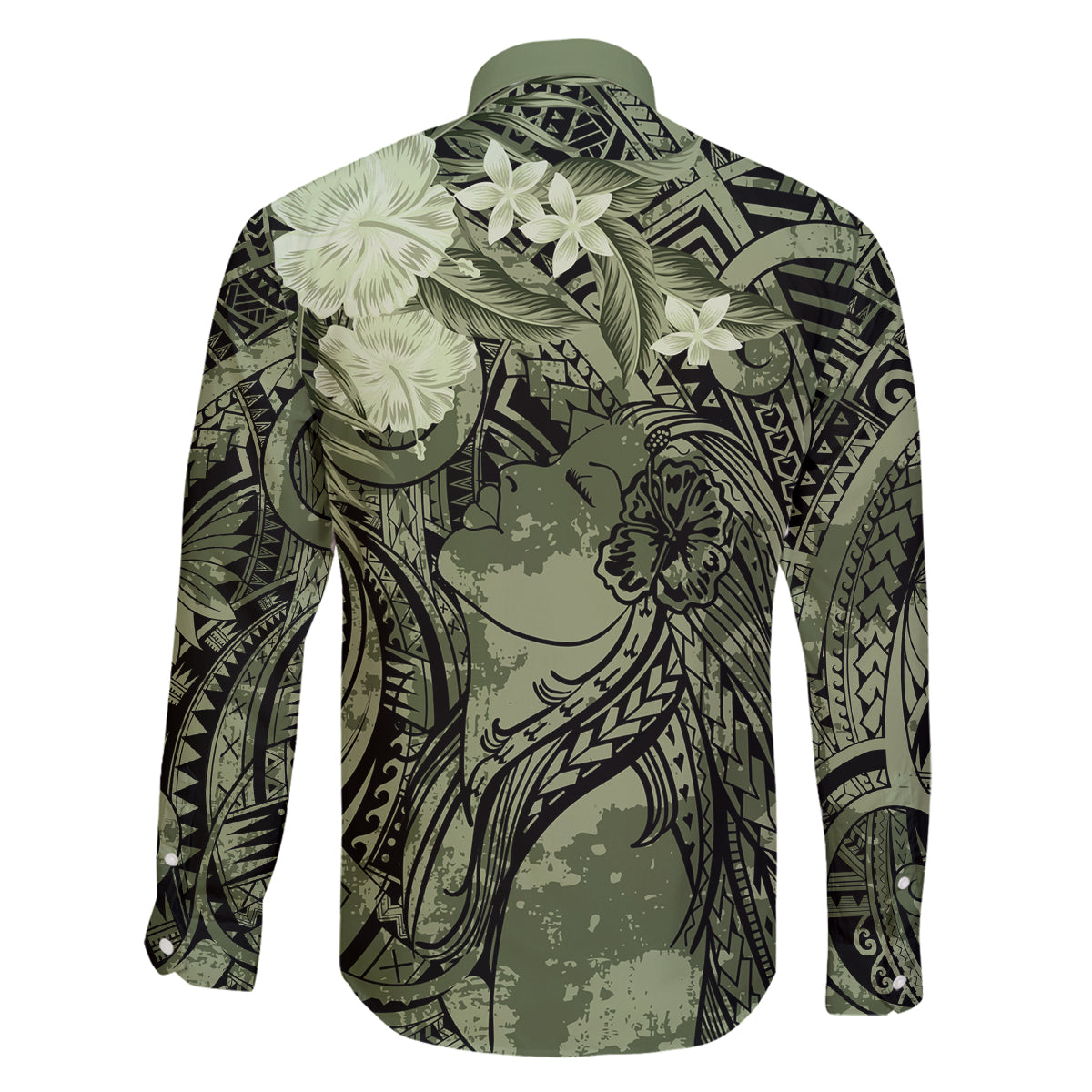 Pacific Beauty Girl Family Matching Off The Shoulder Long Sleeve Dress and Hawaiian Shirt Green Polyneisan Tribal Vintage Motif LT9 - Polynesian Pride