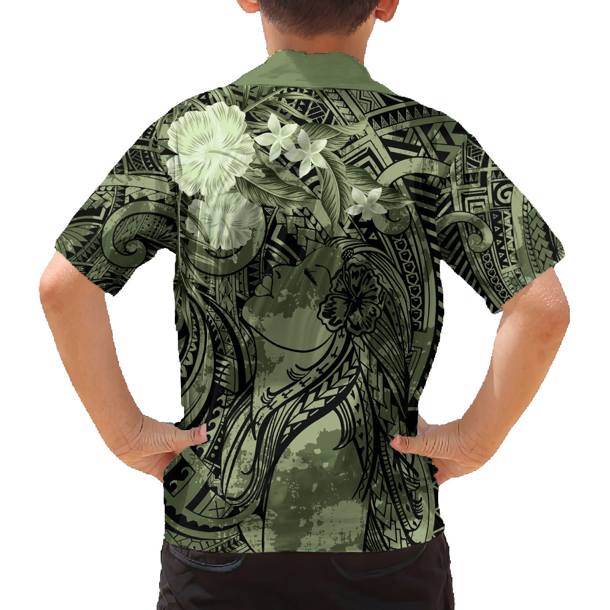 Pacific Beauty Girl Family Matching Off Shoulder Short Dress and Hawaiian Shirt Green Polyneisan Tribal Vintage Motif LT9 - Polynesian Pride