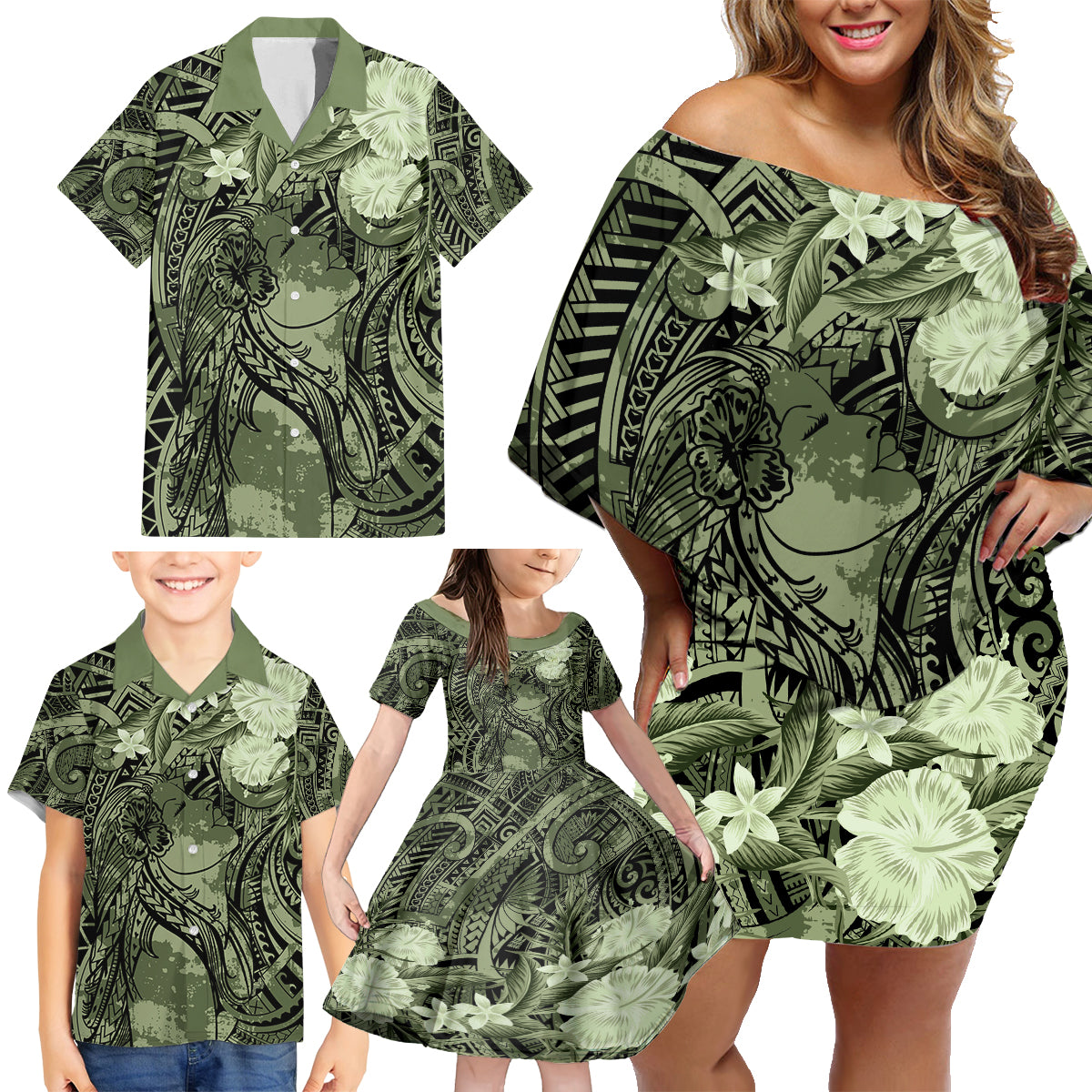 Pacific Beauty Girl Family Matching Off Shoulder Short Dress and Hawaiian Shirt Green Polyneisan Tribal Vintage Motif LT9 - Polynesian Pride