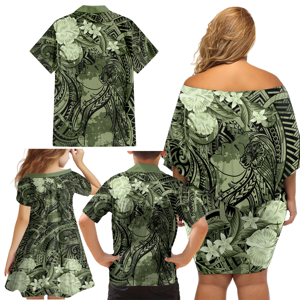 Pacific Beauty Girl Family Matching Off Shoulder Short Dress and Hawaiian Shirt Green Polyneisan Tribal Vintage Motif LT9 - Polynesian Pride