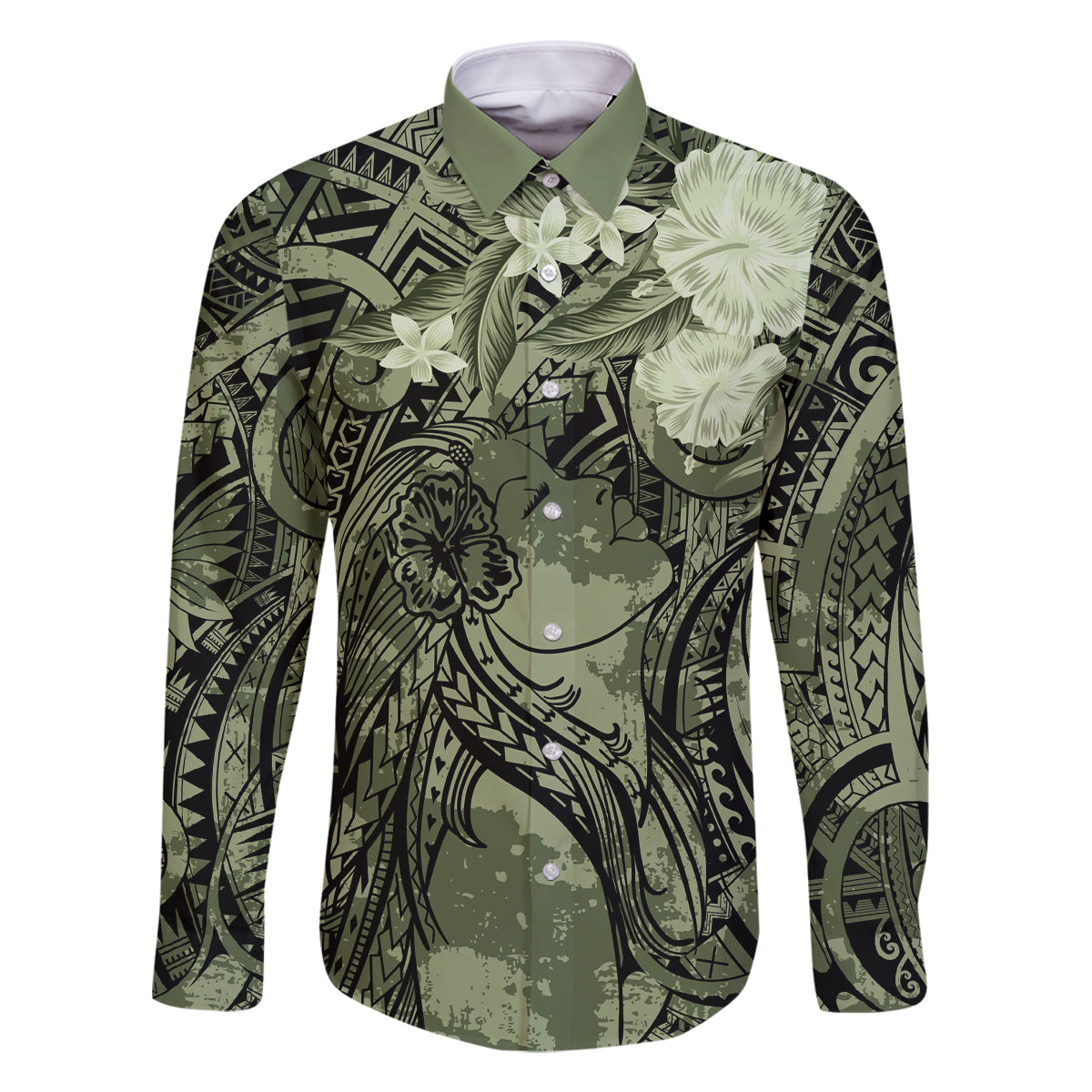 Pacific Beauty Girl Family Matching Off Shoulder Short Dress and Hawaiian Shirt Green Polyneisan Tribal Vintage Motif LT9 Dad's Shirt - Long Sleeve Green - Polynesian Pride