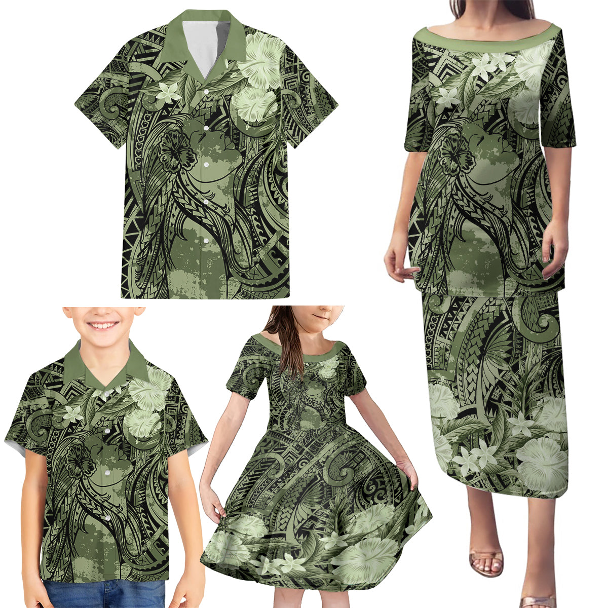 Pacific Beauty Girl Family Matching Puletasi and Hawaiian Shirt Green Polyneisan Tribal Vintage Motif LT9 - Polynesian Pride