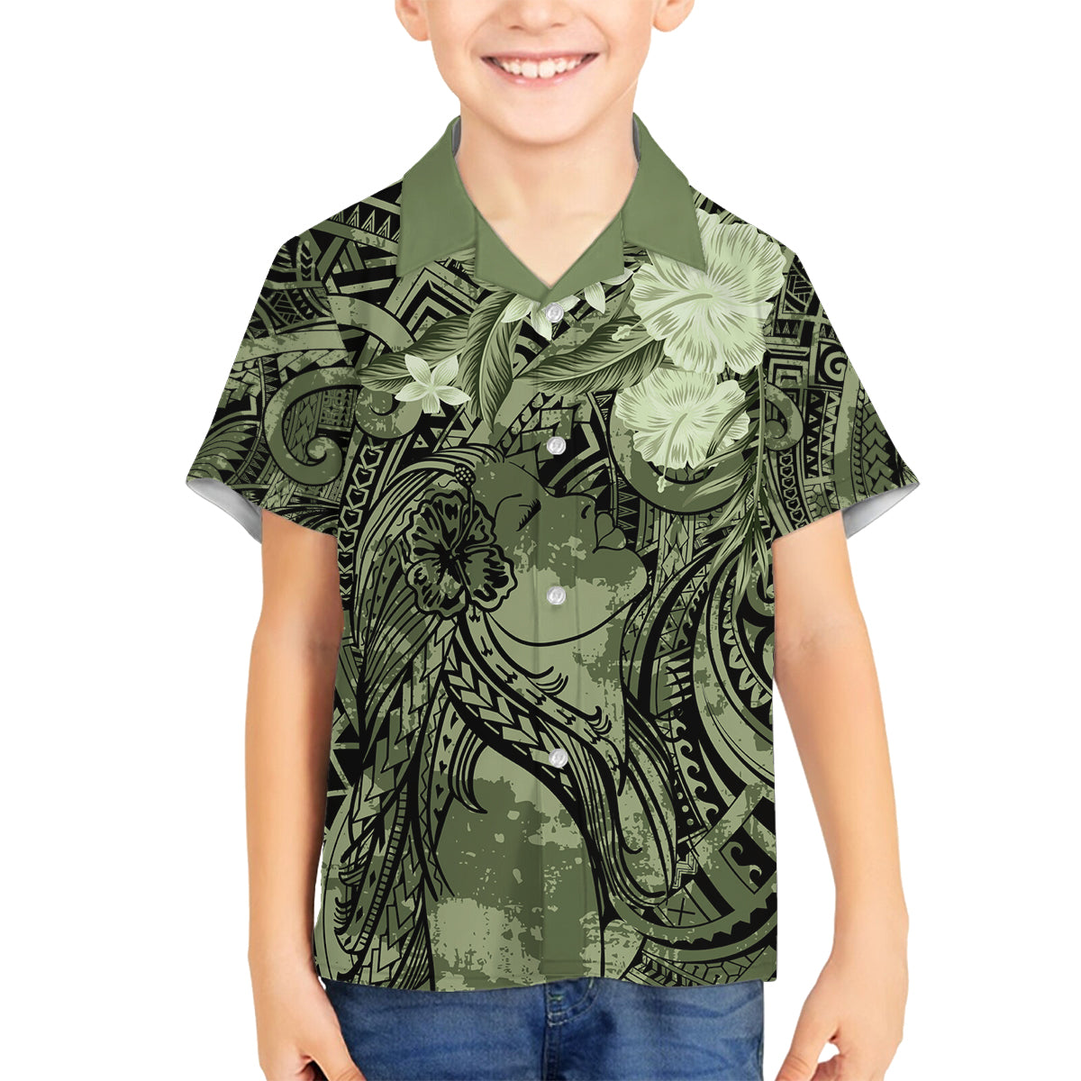 Pacific Beauty Girl Family Matching Puletasi and Hawaiian Shirt Green Polyneisan Tribal Vintage Motif LT9 Son's Shirt Green - Polynesian Pride