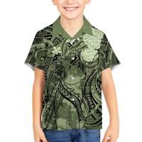 Pacific Beauty Girl Family Matching Puletasi and Hawaiian Shirt Green Polyneisan Tribal Vintage Motif LT9 Son's Shirt Green - Polynesian Pride