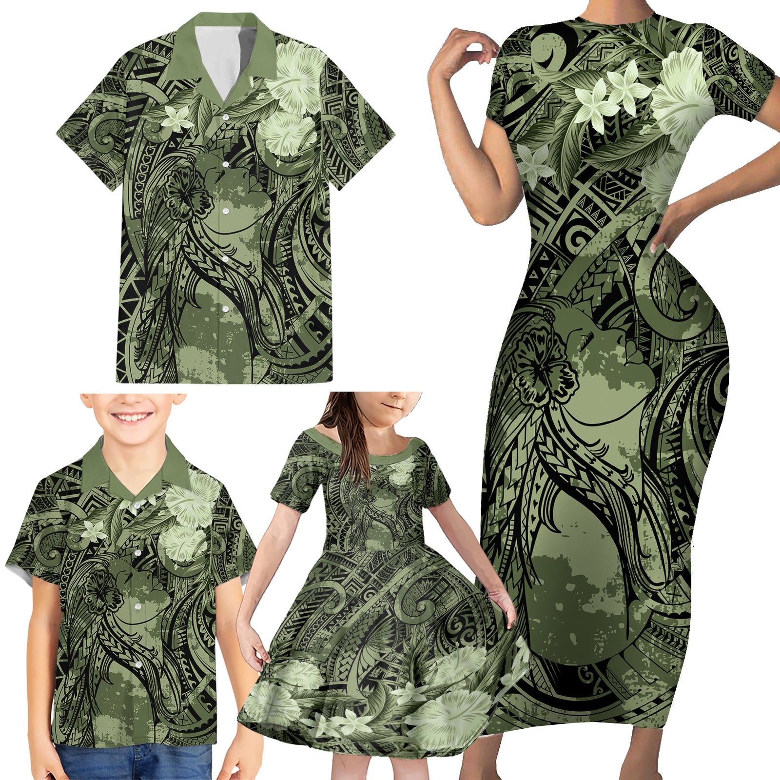 Pacific Beauty Girl Family Matching Short Sleeve Bodycon Dress and Hawaiian Shirt Green Polyneisan Tribal Vintage Motif LT9 - Polynesian Pride