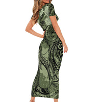 Pacific Beauty Girl Family Matching Short Sleeve Bodycon Dress and Hawaiian Shirt Green Polyneisan Tribal Vintage Motif LT9 - Polynesian Pride