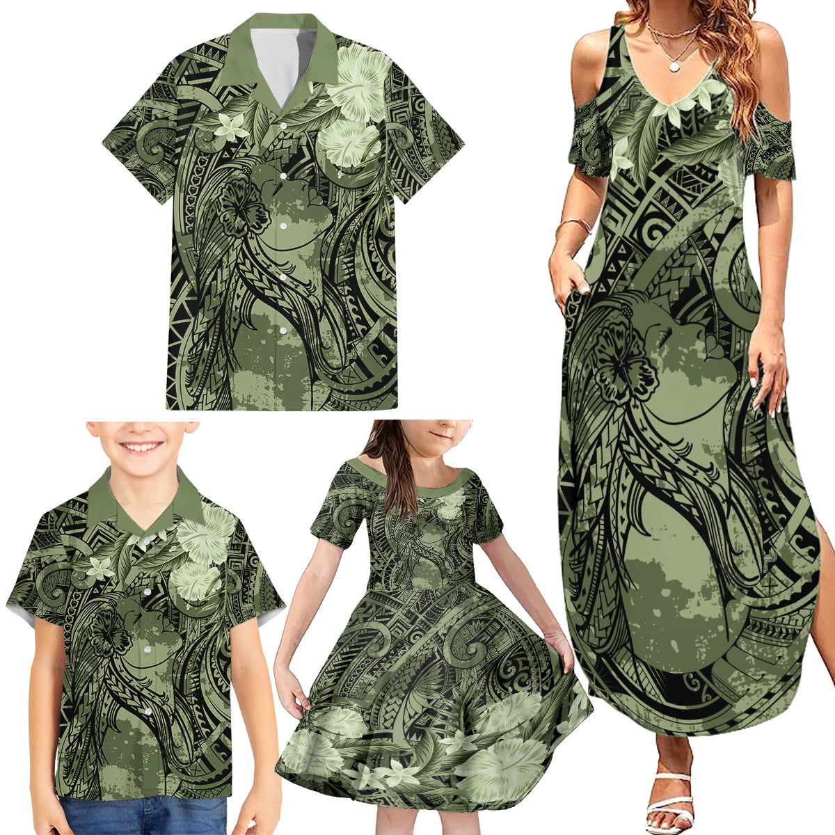 Pacific Beauty Girl Family Matching Summer Maxi Dress and Hawaiian Shirt Green Polyneisan Tribal Vintage Motif LT9 - Polynesian Pride