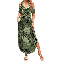 Pacific Beauty Girl Family Matching Summer Maxi Dress and Hawaiian Shirt Green Polyneisan Tribal Vintage Motif LT9 Mom's Dress Green - Polynesian Pride