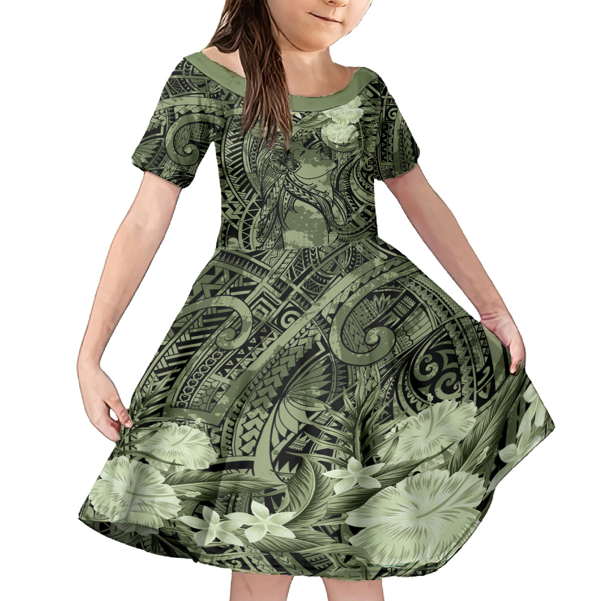 Pacific Beauty Girl Family Matching Tank Maxi Dress and Hawaiian Shirt Green Polyneisan Tribal Vintage Motif LT9 Daughter's Dress Green - Polynesian Pride