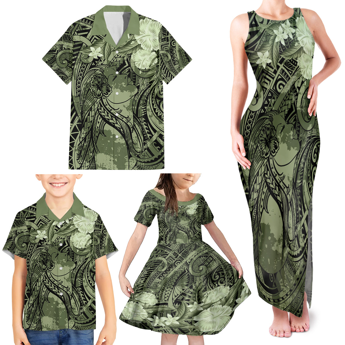 Pacific Beauty Girl Family Matching Tank Maxi Dress and Hawaiian Shirt Green Polyneisan Tribal Vintage Motif LT9 - Polynesian Pride