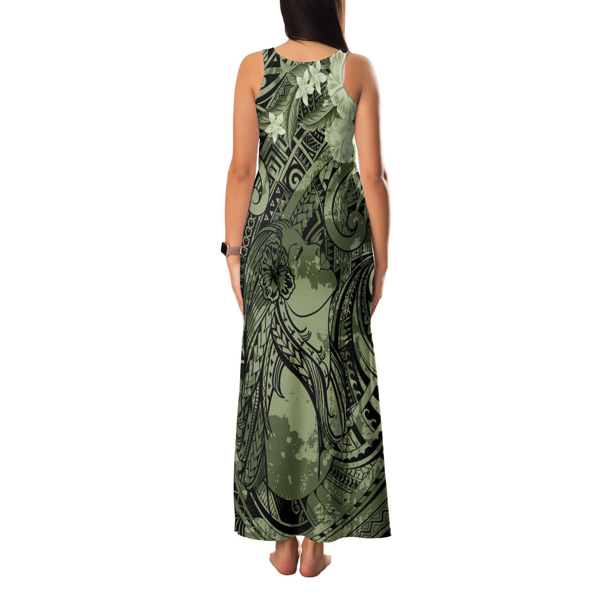 Pacific Beauty Girl Family Matching Tank Maxi Dress and Hawaiian Shirt Green Polyneisan Tribal Vintage Motif LT9 - Polynesian Pride