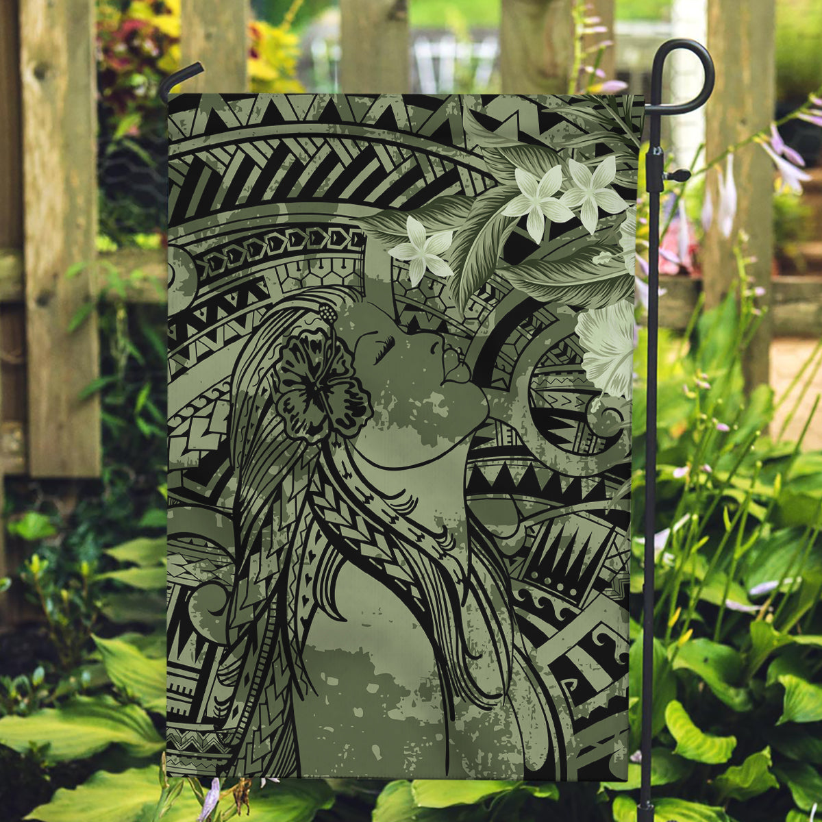 Pacific Beauty Girl Garden Flag Green Polyneisan Tribal Vintage Motif